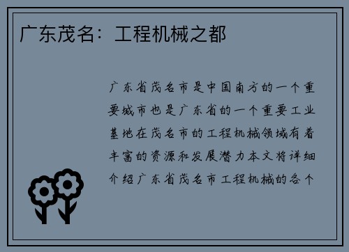 广东茂名：工程机械之都